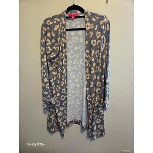 Simply Southern Blue Peach Leopard Print Open Front Cardigan Duster Pockets L/XL